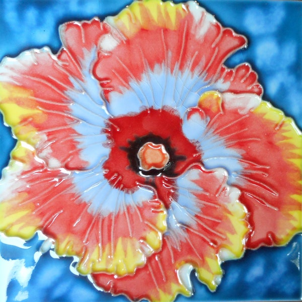 Hibiscus flower hand painted ceramic art tile 6x6 inches with easel back