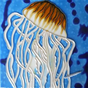 Quallen handbemalte Keramik Kunst Fliese 15x15cm mit Staffelei zurück