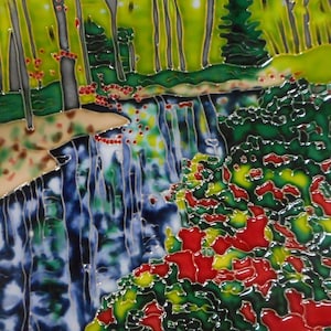 May include: A colorful, abstract landscape painting featuring a waterfall and forest. The artwork uses vibrant hues of green, blue, red, and yellow, with silver outlines. The scene depicts trees, water, and foliage, creating a dynamic and artistic composition.
