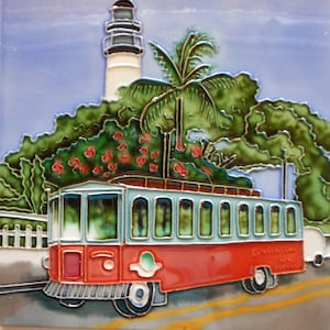 lighthouse & trolley ceramic art tile 8 x 8 inches with easel back