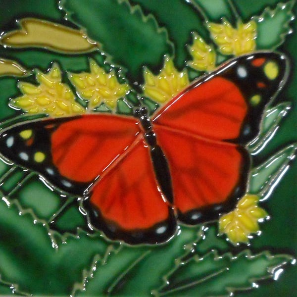 Butterfly hand painted ceramic art tile coaster 4x4 inches