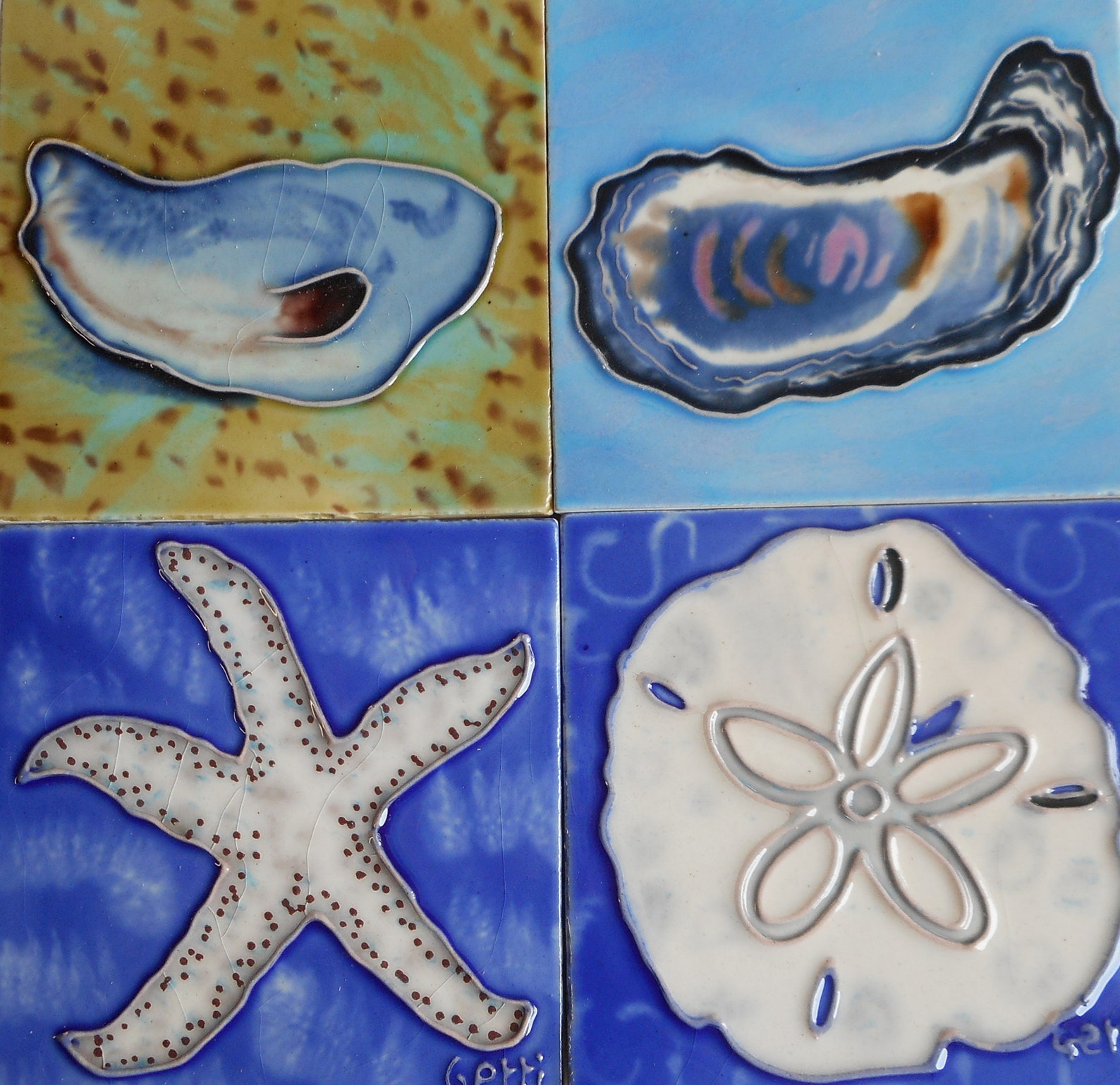 Set of four hand painted ceramic art tile shells 4 x 4 inches Etsy