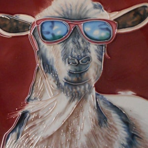 Goat with sunglasses hand painted ceramic art tile 6x6 inches with fiberboard back