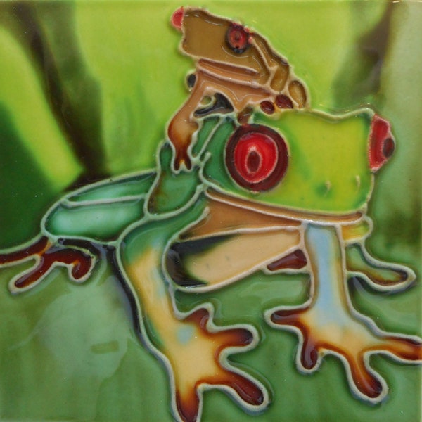 Frog hand painted ceramic art coaster tile 4 x 4 inches with fiberboard back