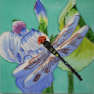 Dragonfly hand painted ceramic art tile 8x8 inches with fiberboard back
