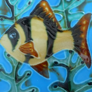 Fish hand painted ceramic art tile coaster 4 x4 inches with fiberboard back