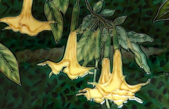 Tropical flower hand painted ceramic art tile 8 x 12 inches with felt back