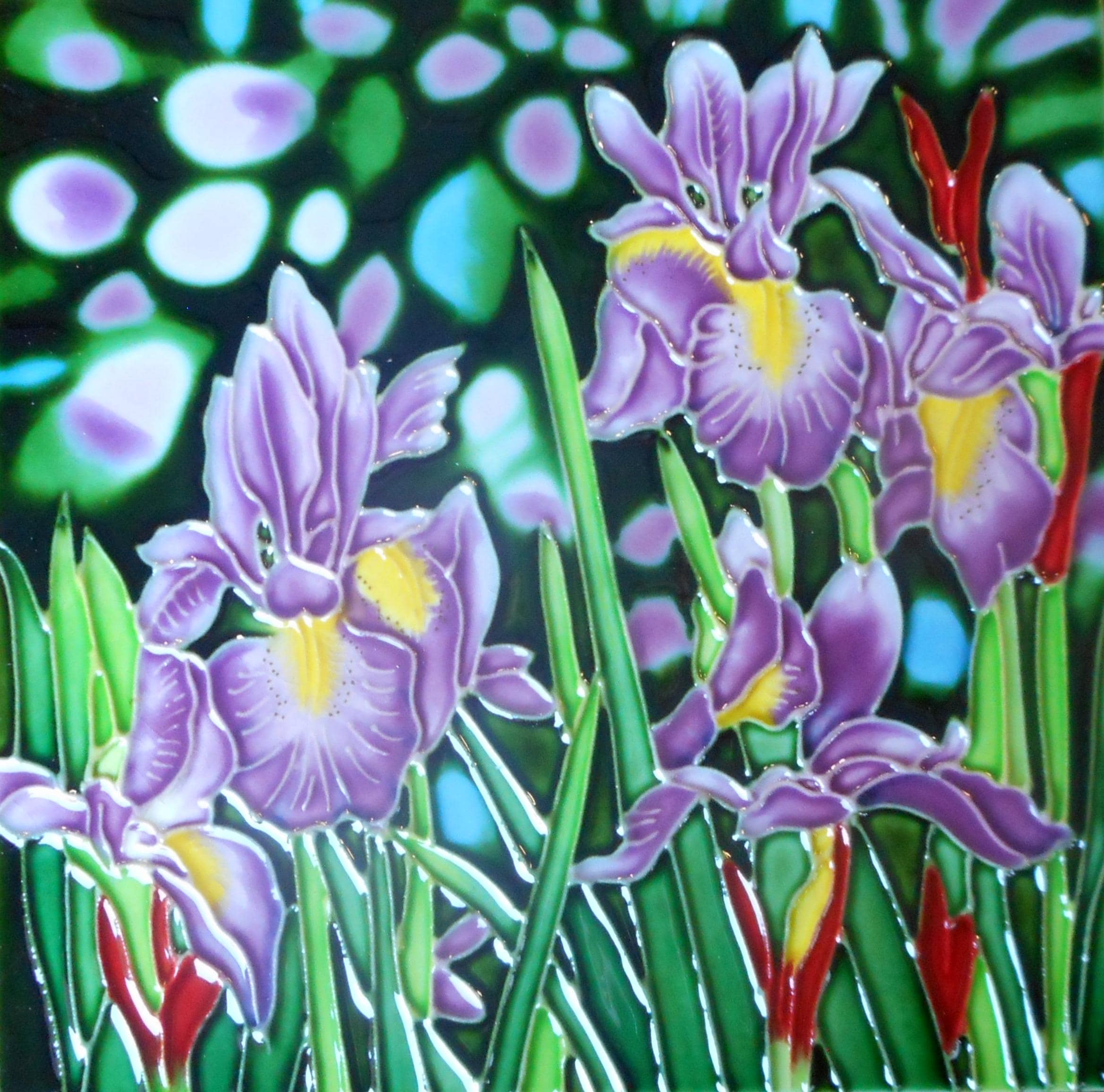 Flower hand painted ceramic art tile 8x8 inches with back