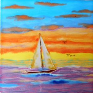 Sailboat hand painted ceramic art tile 6x6 inches with easel back