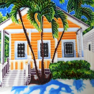 Tropical house hand painted ceramic art tile 8x10 inches with felt back