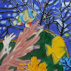 Tropical fish hand painted ceramic tile 11x14 inches