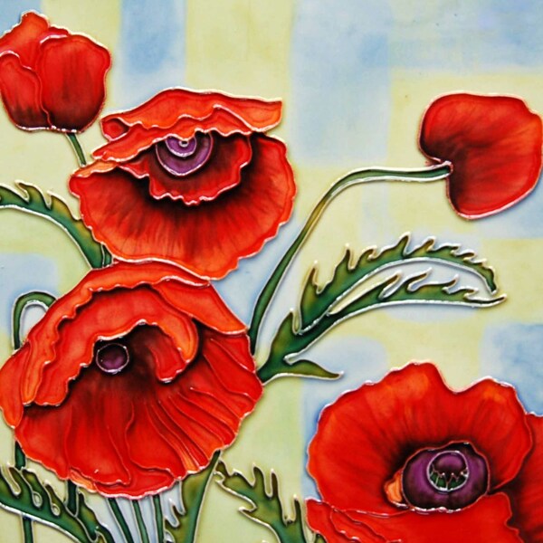 Poppies ceramic art hand painted tile 8x8 inches with easel back