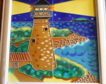 Murale de phare avec quatre carreaux d’art en céramique peints à la main de 6x6 pouces