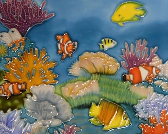 熱帯魚の手描きセラミックアートタイル 8x8インチ