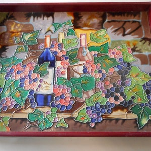 Wine wood tray inlaid with 10 x 16 inch hand painted ceramic art tile