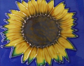 Sunflower hand painted ceramic art tile 6 x 6 inches with easel back