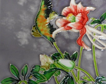 Azulejo de cerámica pintado a mano con colibrí de 8 x 8 pulgadas con base de caballete