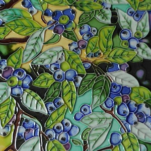 Blueberries hand painted ceramic art tile 8 x 8 inches with easel back