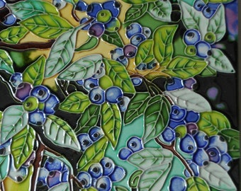 Blueberries hand painted ceramic art tile 8 x 8 inches with easel back