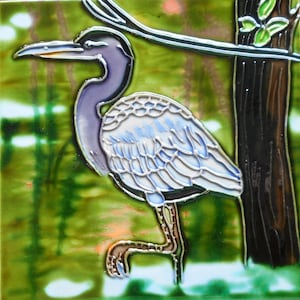 Blauer Reiher handbemalte Keramikkunstfliese 15x15cm mit Staffeleirückseite