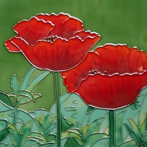 Poppies hand painted ceramic art tile 8 x 8 inches with easel back