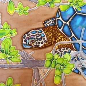 Turtle hand painted ceramic art tile 8x10 inches with felt back