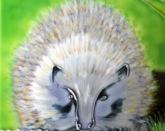 Hedgehog hand painted ceramic art tile 6x6 inches with fiberboard back