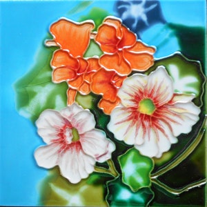 Flower hand painted ceramic art tile 6x6 inches with easel back