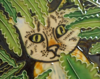 Posavasos de cerámica con diseño de gato pintado a mano, 4 x 4 pulgadas