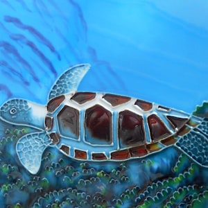 Turtle hand painted ceramic art tile 8x8 inches with fiberboard back