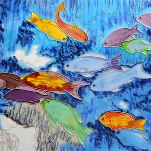 Tropical fish hand painted ceramic tile 11x14 inches with felt back