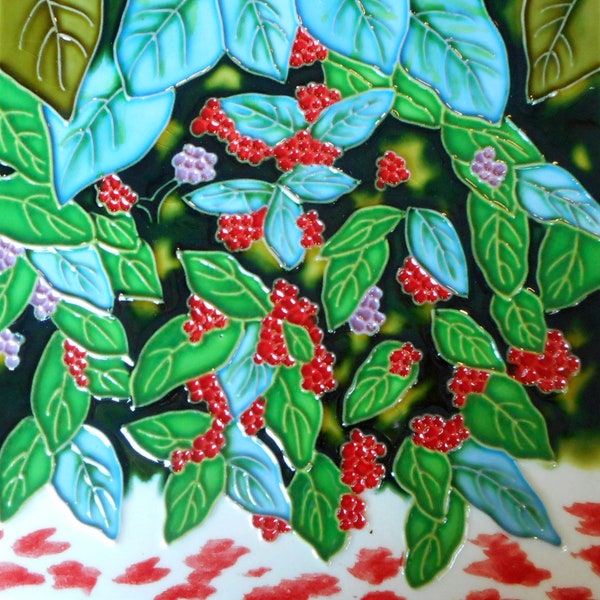 Berries hand painted ceramic art tile 8x8 inches with easel back