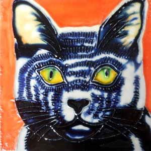 Cat hand painted ceramic art tile 6x6 inches with easel back