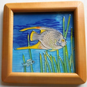 Tropical fish framed hand painted ceramic art tile 6x6 inches