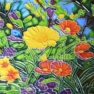 Flowers hand painted ceramic art tile 8x8 inches with easel back