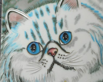 Cat hand painted ceramic art tile 8 x 8 inches with fiberboard back