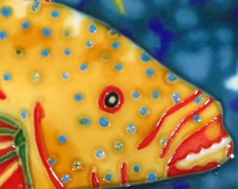 Tropical fish hand painted ceramic art tile 6x6 inches