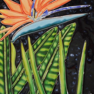 Bird of paradise hand painted ceramic art tile 8 x 10 inches with felt back