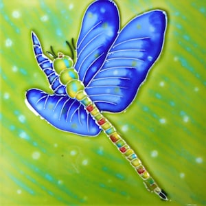 Dragonfly hand painted ceramic art tile 6x6 inches with easel back