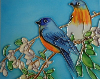 Bird hand painted ceramic art tile 8x8 inches with easel back