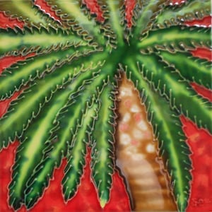 Palm tree hand painted ceramic art tile with easel back 6 x 6 inches