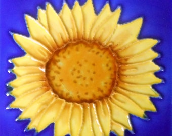 Sunflower hand painted ceramic art tile coaster 4x4 inches