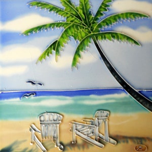 Beach hand painted ceramic art tile 6x6 inches with easel back
