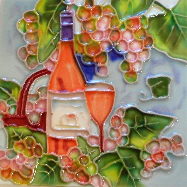 Wine hand painted ceramic art tile coaster 4x4 inches