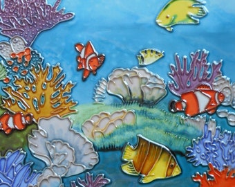 Coral fish hand painted ceramic art tile 8x8 inches with fiberboard back