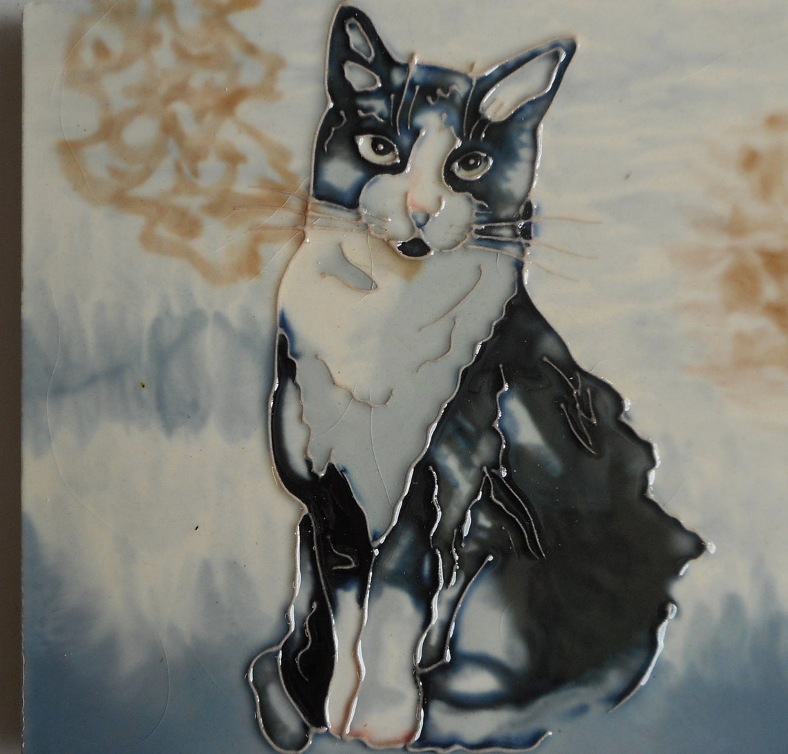 Cat hand painted ceramic art tile 6 x 6 inches with easel back Etsy