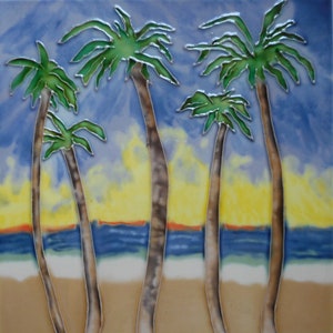 Beach hand painted ceramic art tile coaster 4 x 4 inches with easel back