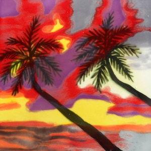 Sunset palm trees hand painted ceramic tile 6x6 inches