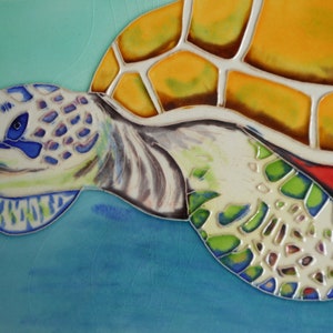 Turtle hand painted ceramic art tile 8 x 10 inches with felt back