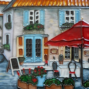 Street scene hand painted ceramic art tile 8x8 inches with fiberboard back
